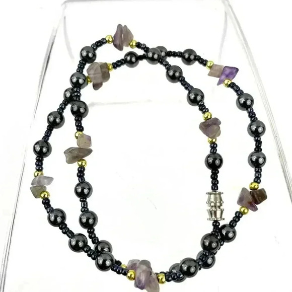 Natural Stone and Metal Beaded Necklace Amethyst  16" Choker Purple Gray - Picture 1 of 14